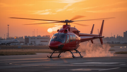 Red helicopter taxiing on a tarmac at sunset.