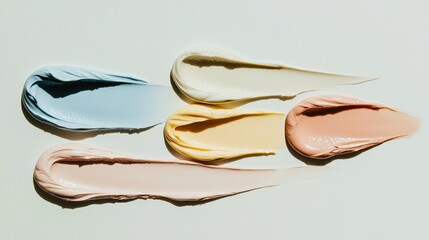 Top view of five creamy skincare textures in elegant color palette