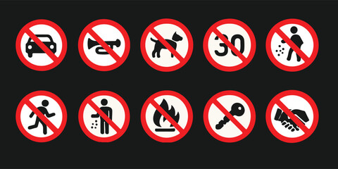 Collection of universal prohibition signs showing various restricted activities