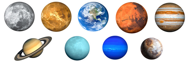 水星、金星、地球、火星、木星、土星、天王星、海王星、冥王星の太陽系の惑星達：背景透過