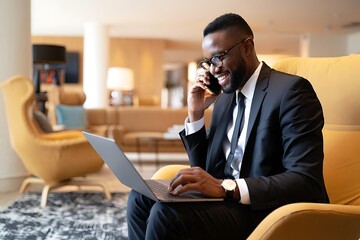 Confident entrepreneur works on his laptop while talking on a smartphone in a bright modern lounge