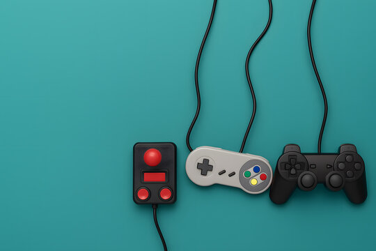 Vintage Retro Game Controllers on Teal Background Representing Nostalgic Video Gaming Culture