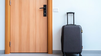 Modern travel suitcase standing indoors next to closed wooden door