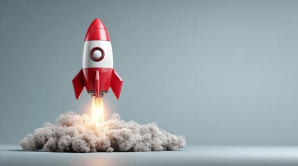 Rocket Launch: A striking image of a red and white rocket launching amidst a cloud of smoke, symbolizing progress and ambition.
