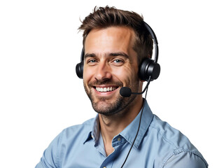 Portrait of a happy call center man isolated on transparent background