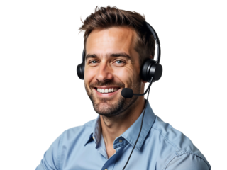 Portrait of a happy call center man isolated on transparent background