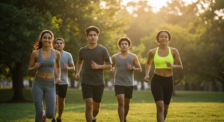 Obraz premium Golden Hour Fitness: Diverse Friends Jogging in Park