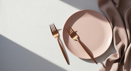 Rose Gold Forks Pink Plate Table Setting isolated on a transparent background