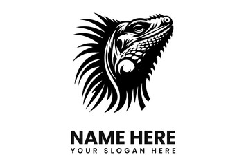 Black and white graphic illustration of an iguana head, looking upwards, with a stylized crest.