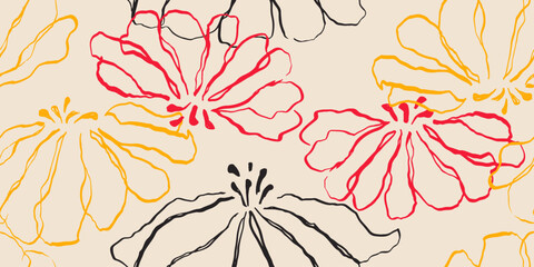 Exotic hand drawn flowers, seamless patterns with floral for fabric, textiles, clothing, wrapping paper, cover, banner, home decor, abstract backgrounds. Vector illustration.