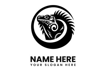 Black and white illustration of an iguana head and tail within a circular shape.