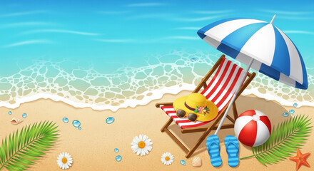 Beach scene with chair umbrella and summer accessories on the sand