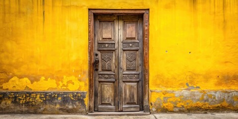Aged Wooden Double Door Against Vibrant Yellow Wall, Architectural Detail of Weathered Exterior