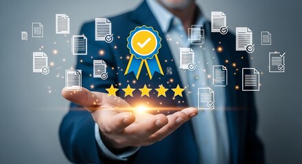 Businessman Hand Holding Digital Award Five Stars Documents Approved Checkmarks Blue Yellow image