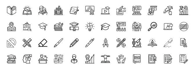 Education icon set. Education icon set including books, graduation cap, school building, online learning, teacher, students, classroom, pencil, pencil compass and certificate.