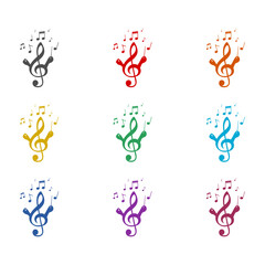 Music clef and notes icon isolated on white background. Set icons colorful
