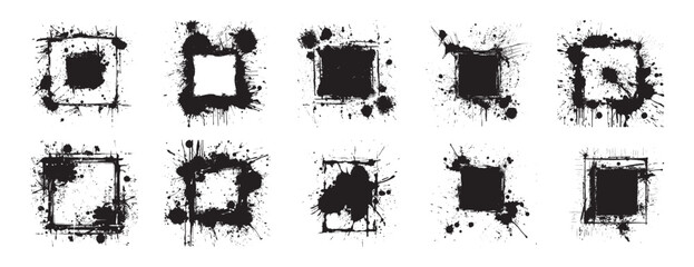 Hand drawn grunge square frames ink splatter elements black white artistic textured borders abstract spray paint effect decorative edges urban graffiti isolated clipart modern vector illustration