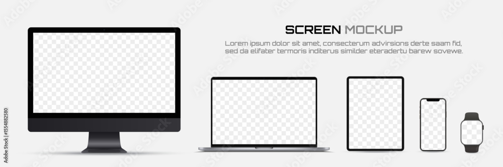 Poster computer monitor, laptop, tablet, smartphone and smart watch with blank screen. mockup of screen dev