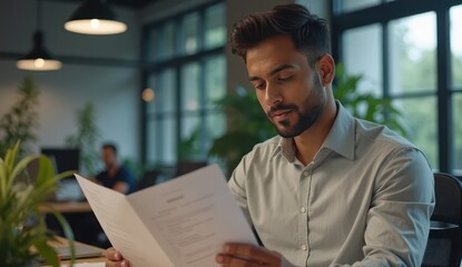 indian professional analyzing document at workplace