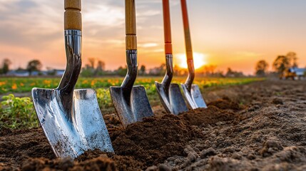 Sunset over a newly plowed field with shovels ready for planting crops for the season, evoking a sense of new beginnings and hard work in the countryside.