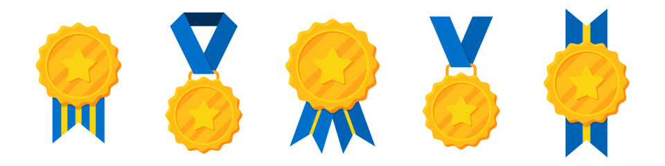 Winner golden medals with blue ribbon and star