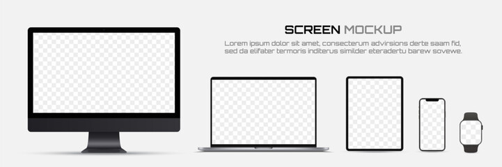 Computer monitor, laptop, tablet, smartphone and smart watch with blank screen. Mockup of screen device
