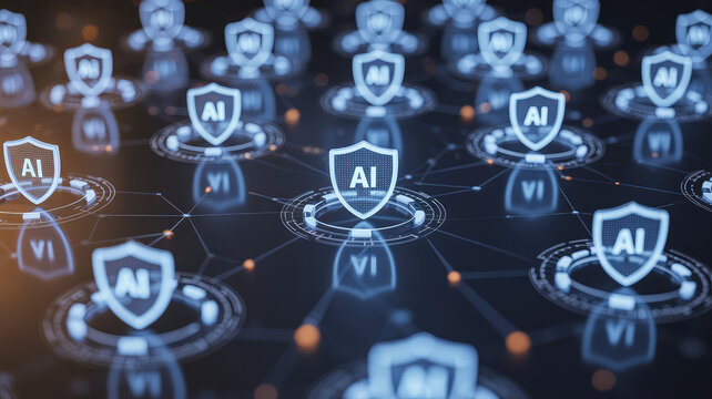 AI Security Network: A futuristic network of AI-powered security shields protects data and systems, symbolizing robust cybersecurity and digital safety.