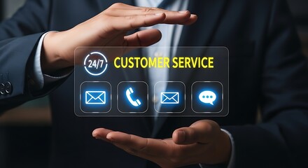 Businessperson Hands Presenting 247 Customer Service Digital Interface with Email Phone Chat Icons Blue Yellow