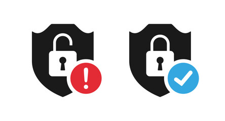 Closed and open protection system. Shield with closed and open lock sign. Security guard symbol collection