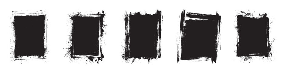 Grunge vertical black ink rectangle frames set abstract paint splatter textured borders white background handmade brush stroke design elements urban graffiti modern clipart isolated vector collection