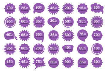 Set of different percent discount tags in purple in different shapes label