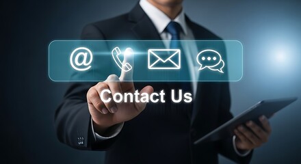 Businessperson in dark suit presses Contact Us button digital interface showing email phone message icons teal blue