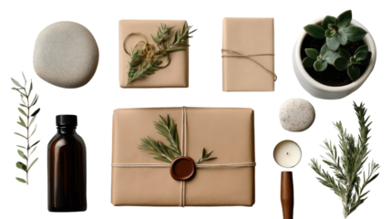 Artisan Gift Set: A thoughtfully curated collection of natural and handcrafted items, perfect for gifting.  The image features  eco-friendly gift wrap, rosemary sprigs, smooth stones.