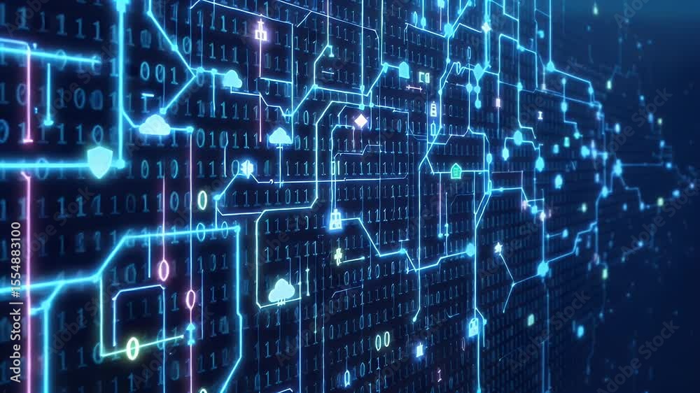 Poster futuristic digital data processing illustration depicting binary code circuitry and glowing lines se