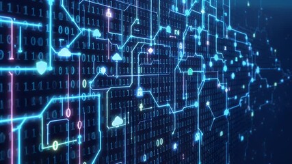 Futuristic digital data processing illustration depicting binary code circuitry and glowing lines set against dark blue background. Visuals of data flow and network connections. - Powered by Adobe