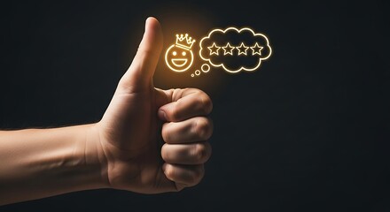 Hand Gesturing Thumbs Up with Golden Smiley Face Crown and Five Star Rating in Thought Bubble Dark Background