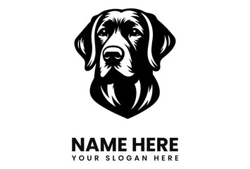 A monochrome illustration of a dog's head, with text below for branding.