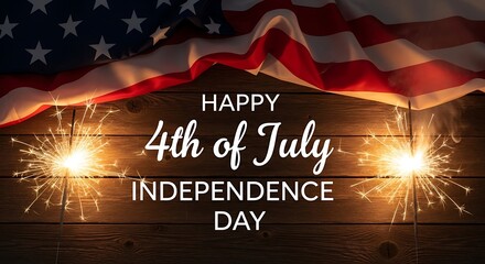 Happy 4th of July Independence Day American Flag Sparklers Wooden Background Festive Celebration USA flag