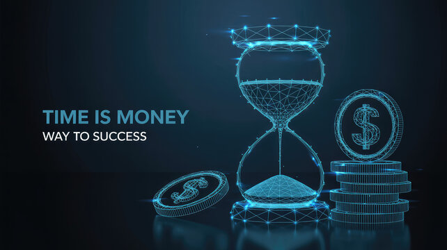 Time is Money Concept: A visually striking digital artwork concept portraying the essence of time management and financial growth, featuring an hourglass, dollar coins.