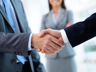 Business handshake shows cooperation and agreement between two men in suits with a woman standing behind them.