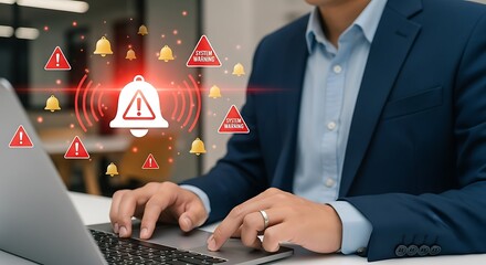 Man in Blue Suit Uses Laptop System Warning Red Gold Bells Alert Notification person businessman