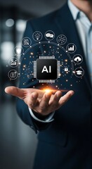 Man in Dark Suit Presenting A I Microchip Hologram with Data Icons Network artificial intelligence