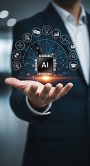 Man in Dark Suit Presenting A I Microchip Hologram with Network Icons Data Science Technology Concept