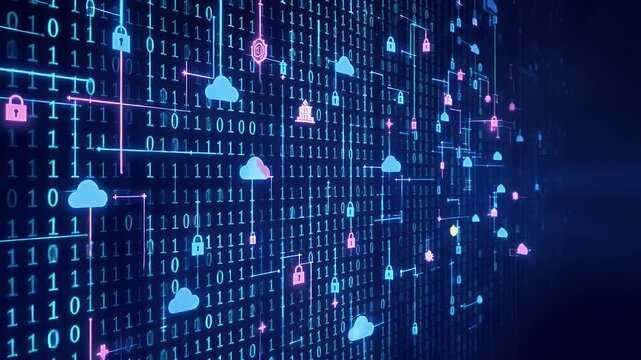 Digital data stream with binary code cascading. Cloud icons and padlocks symbolize data security in a technological network.  Dark background and neon details create a modern, abstract visualization.
