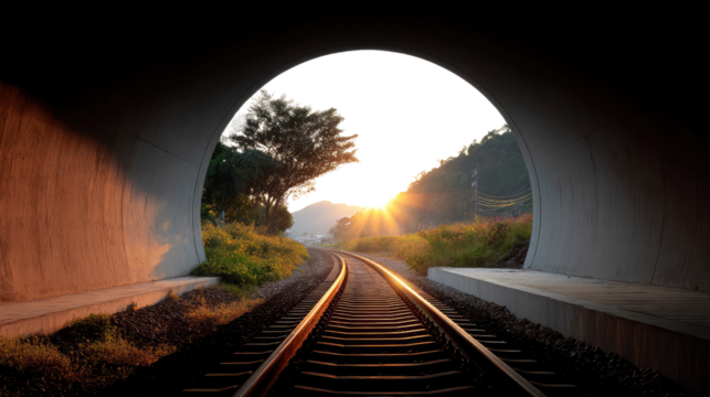 Journey Through The Tunnel: An inviting perspective of a railway track winding through a concrete tunnel, leading towards a breathtaking sunset and illuminating a picturesque landscape.