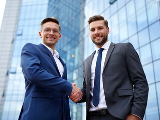 Two cheerful businessmen shake hands in front of an office building, symbolizing partnership and success