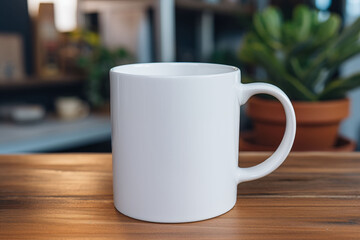 White mug on a desk with light in the living room and at home