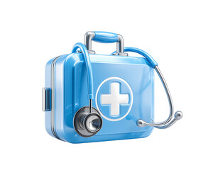 3D icon of a first aid kit with a stethoscope on a transparent background, cross in a blue case, a medical equipment concept.