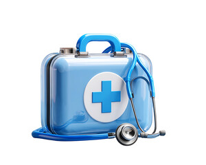 3D icon of a first aid kit with a stethoscope on a transparent background, cross in a blue case, a medical equipment concept.