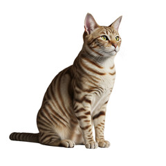 A beautiful tabby cat with striking green eyes sits attentively on a white background